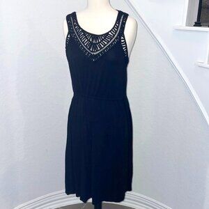 Lightweight black sleeveless Cable & Gauge dress with crochet detailing. Medium.